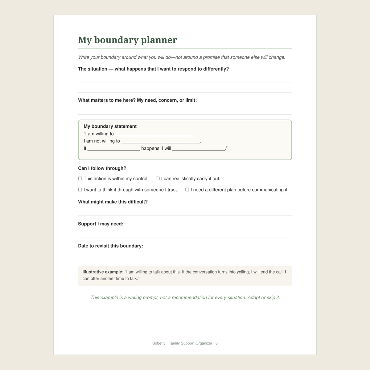 My boundary planner worksheet page