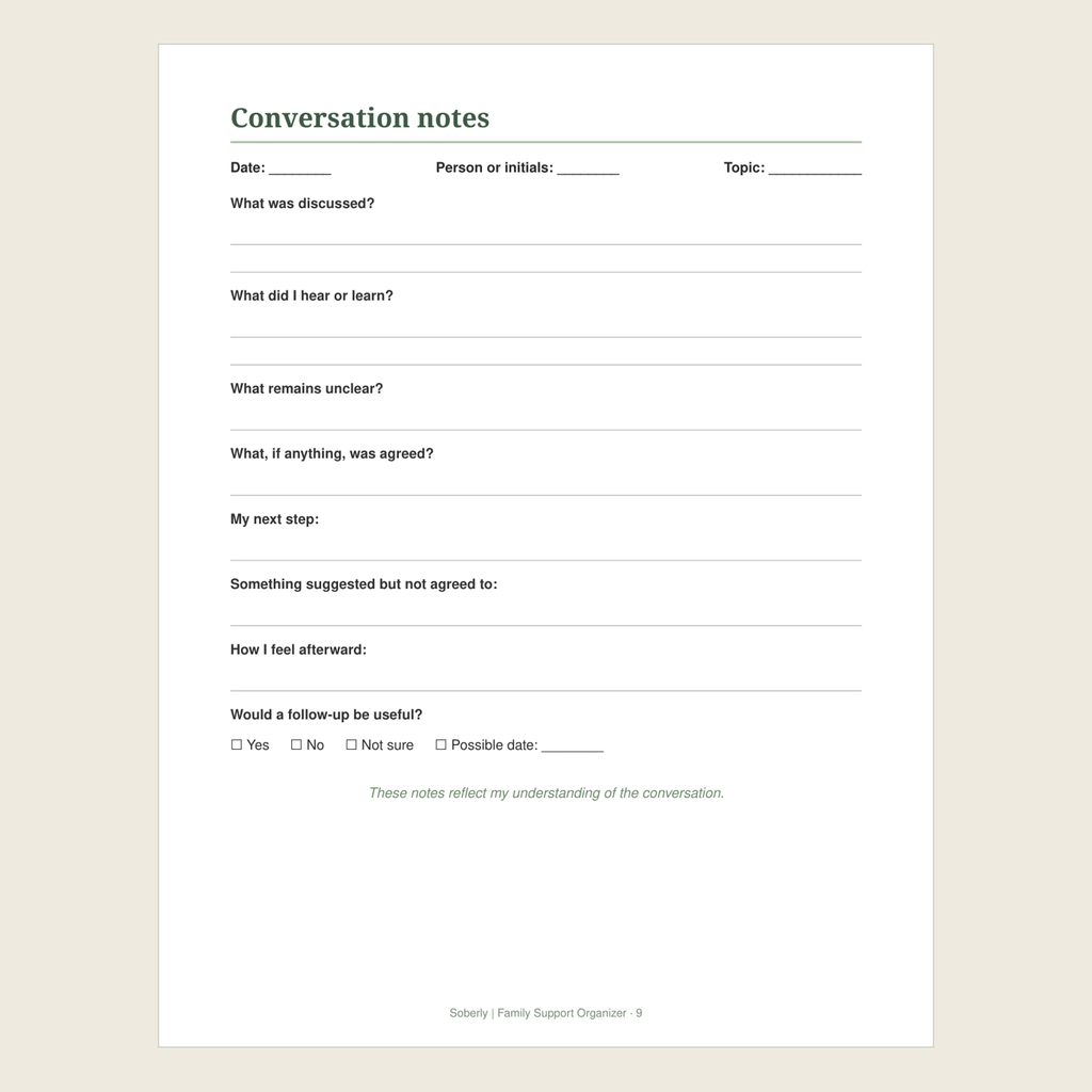 Conversation notes worksheet page
