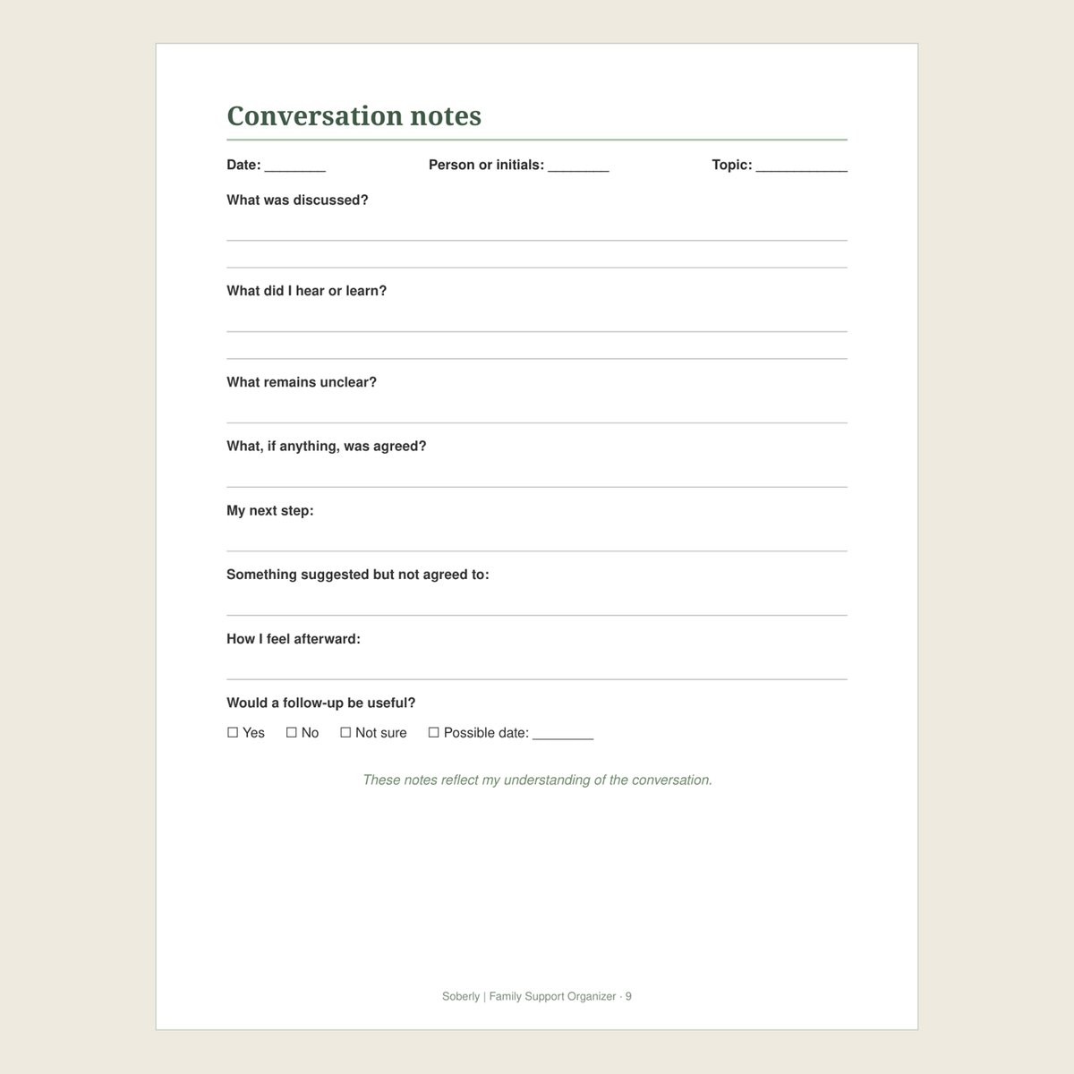 Conversation notes worksheet page