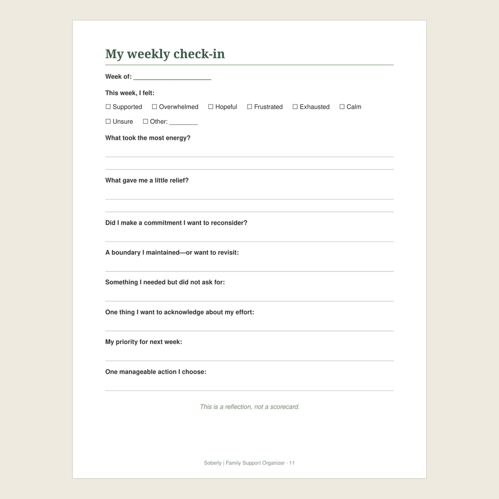 My weekly check-in worksheet page